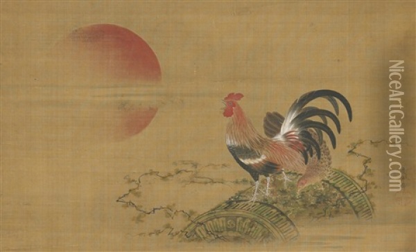 Hahn Und Henne Auf Einer Beschwerdetrommel, Die Von Efeu Umwachsen Ist, Und Grose, Aufgehende, Rote Sonne Oil Painting - Itaya Keishu