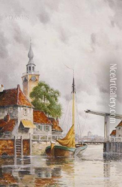 Dutch Canal Oil Painting - Hermanus Jr. Koekkoek