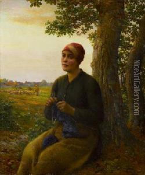 Junge Schaferin Mit Ihrer Strickarbeit Vor Einem Baum Sitzend Oil Painting - Aime Perret