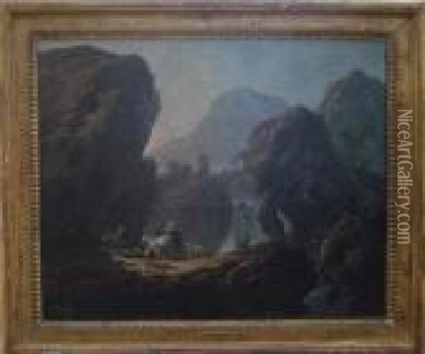 Bergers Et Troupeau Dans Un Paysage De Cascade Oil Painting - Jean-Baptiste Pillement