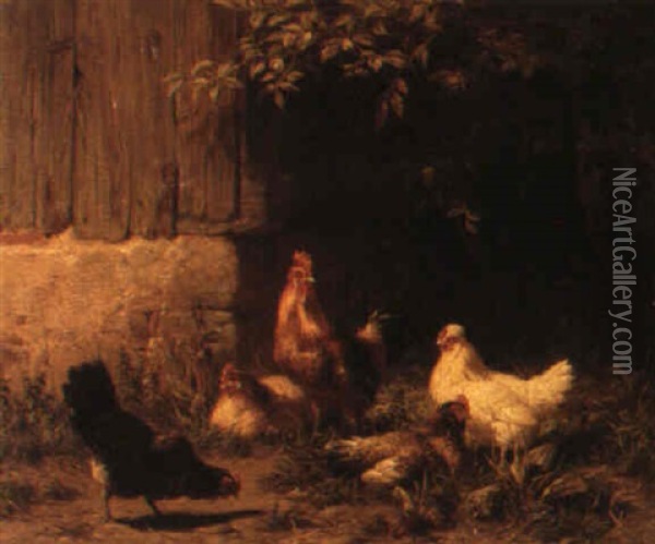 Poultry Outside A Barn Oil Painting - Carl Jutz the Elder