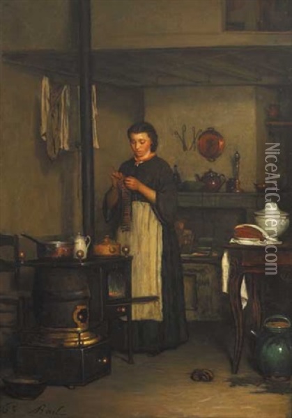 Kitchen Interior With Young Woman Knitting Oil Painting - Antoine Jean Bail