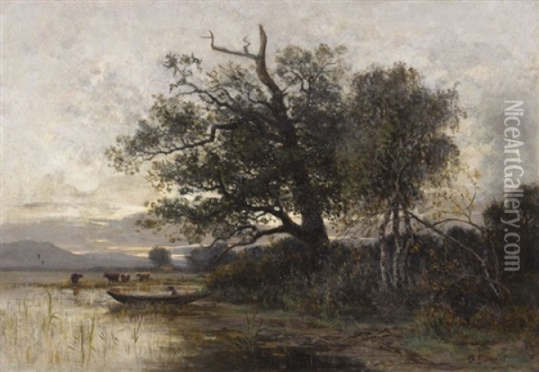 Uferlandschaft In Der Abenddammerung Oil Painting - Otto Gampert
