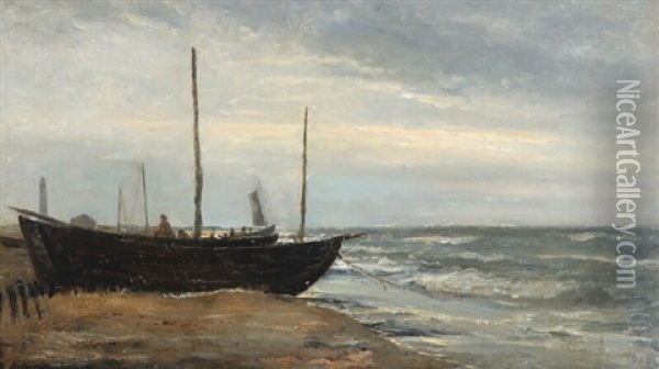 Fishing Boats On The Beach At Skagen, In The Background 