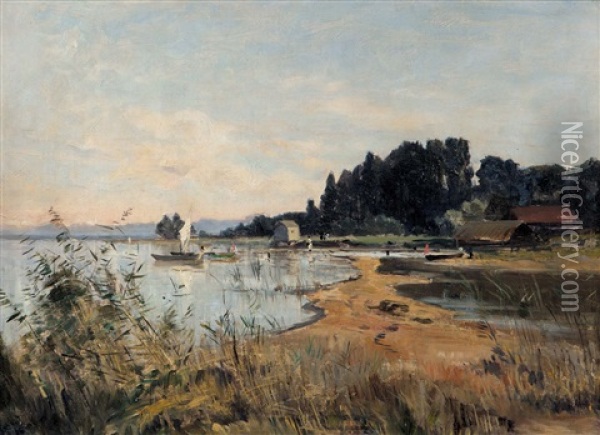 Bords Du Lac De Neuchatel, A Colombier Oil Painting - Charles Edouard du Bois