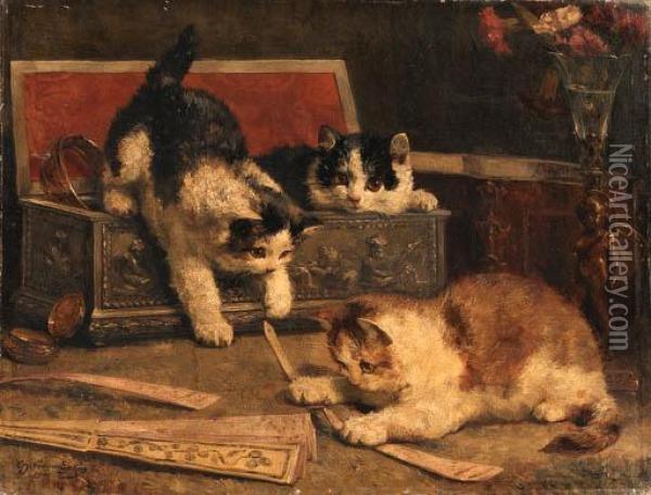 Kittens Playing In The Jewel Box Oil Painting - Charles van den Eycken