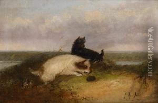 Deux Fox Au Terrier Oil Painting - J. Langlois