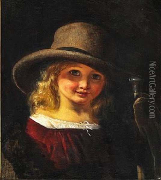 A Little Fair-haired Girl With A Large Hat And A Walking Stick Oil Painting - Elisabeth Anna Maria Jerichau-Baumann