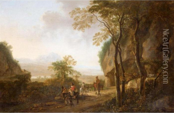 An Extensive River Landscape With Travellers On A Path In The Foreground Oil Painting - Jan Both