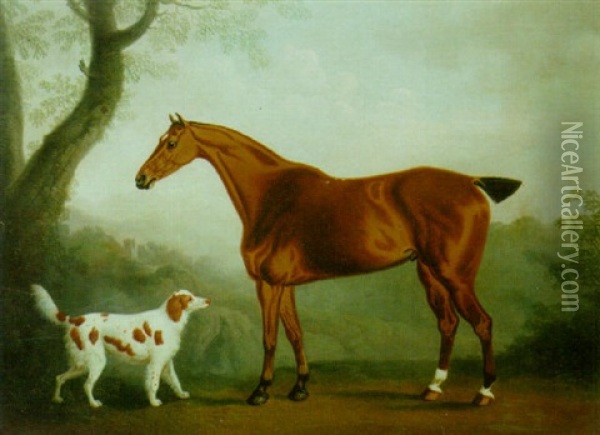 A Bay Hunter With A Spaniel In A Landscape Oil Painting - Daniel Clowes