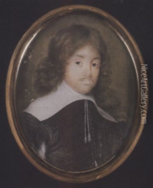 A Gentleman (james Graham, 5th Earl Of Montrose?) Wearing Black Doublet, The Sleeve Slashed To Reveal White And Wide White Lawn Collar With Tassels Oil Painting - Richard Gibson