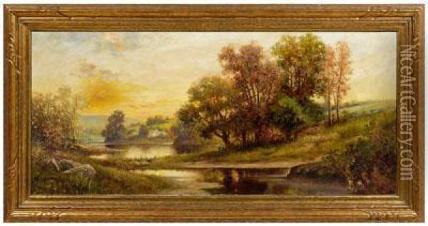Landscape With Lake And Distant House Oil Painting - Milton H. Lowell