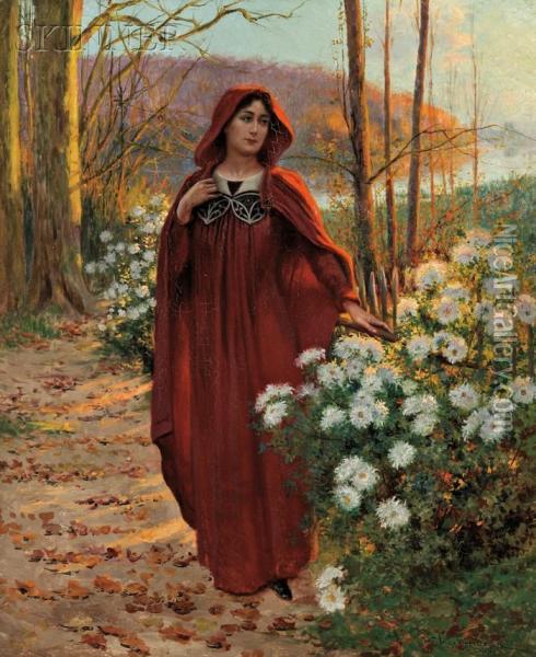 Woman Cloaked In Red Among White Chrysanthemums Oil Painting - Jean Beauduin