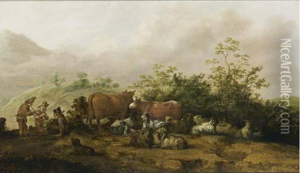 Shepherds Resting With Their Cattle, Goats And Dog In A Hilly Landscape Oil Painting - Jacobus Sibrandi Mancandan
