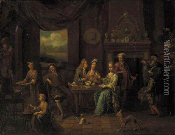 Elegant Company At A Table In An Interior Oil Painting - Franz Xavier Hendrick Verbeeck
