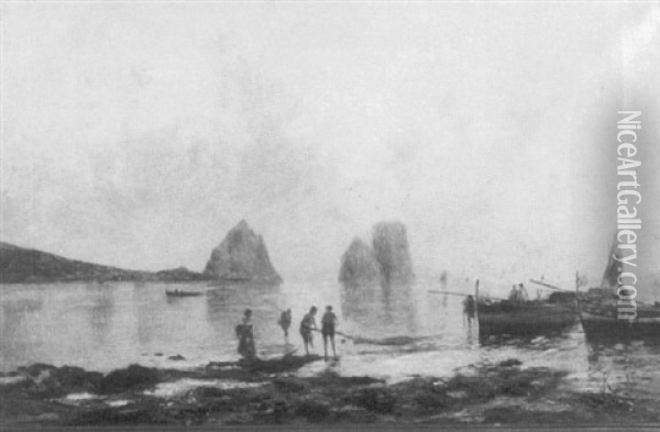 Harbor Scene With Fishermen Oil Painting - Oscar Ricciardi