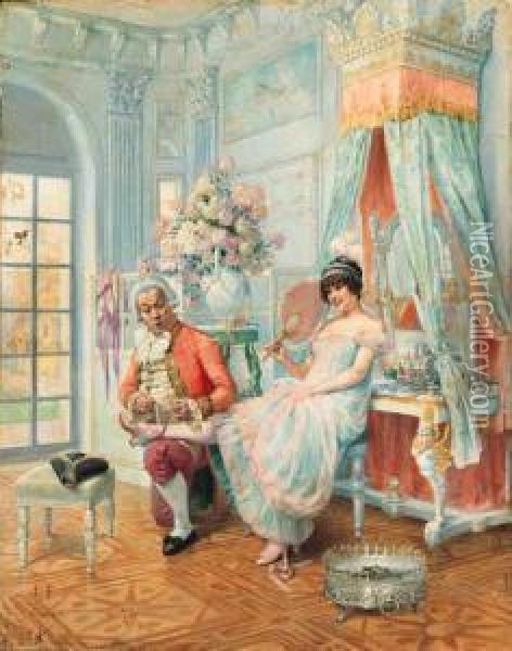 Flirting With The Butler Oil Painting - Louis Chalon