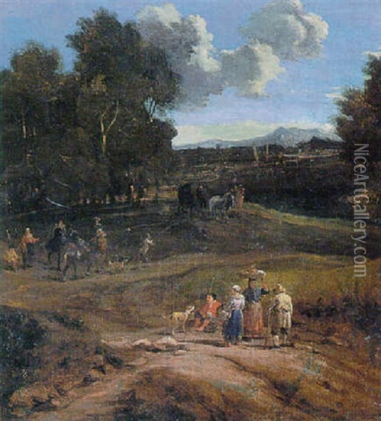 Figures In A Wooded Landscape Oil Painting - Pieter Bout