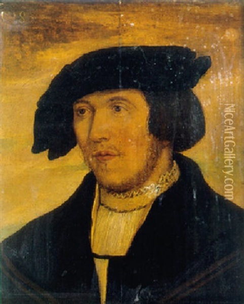 Portrait Of A Young Bearded Man, Wearing A Black Coat With Lace Chemise And Black Hat Oil Painting - Hans Holbein the Younger