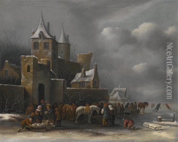 A Winter Landscape With Figures Gathered On A Frozen Waterway Outside A Barn Oil Painting - Nicolaes Molenaer