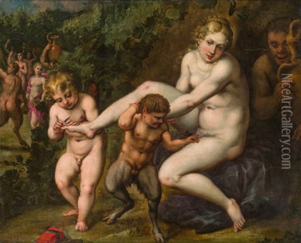 Venus Und Amor Mit Einem Satyr Oil Painting - Paolo Fiammingo