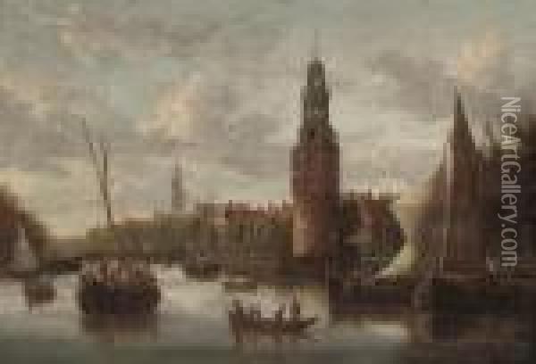 The Oude Schans Canal With The Tower Of Montelbaan, Amsterdam Oil Painting - Abraham Storck