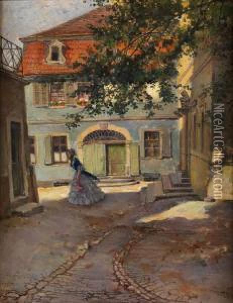 Sonnenbeschienener, Biedermeierlichergebaudehof Mit Junger Dame In Langem Kleid Oil Painting - Karl Leopold Voss
