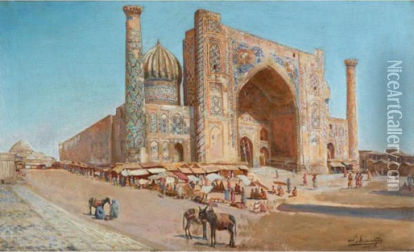 The Shir-dor Mosque, Samarkand Oil Painting - Richard Karlovich Zommer