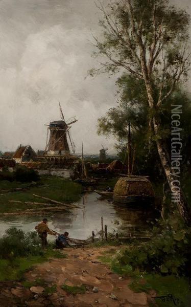 Fishermen Along The Water With A View Ofmills Oil Painting - Willem Cornelis Rip