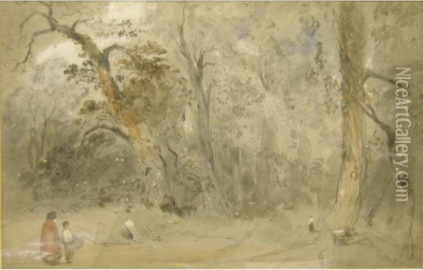 Woodland Scene With Figures, Pencil Oil Painting - George Bryant Campion