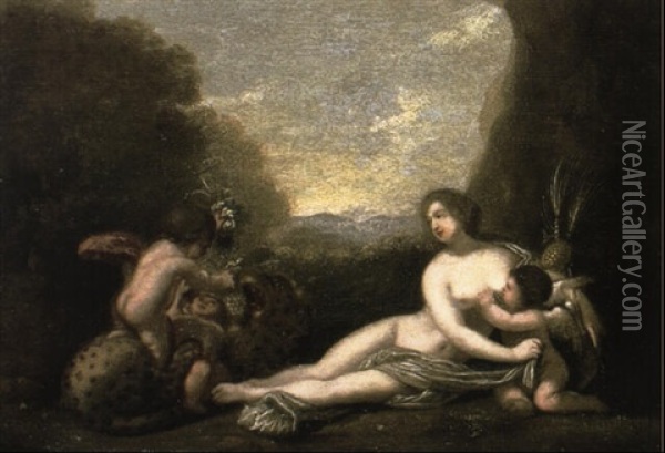 Venus And Cupid Playing With A Leopard Oil Painting - Cornelis Van Poelenburgh