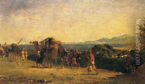Arab Caravan by the Shore Oil Painting - Eugene Fromentin