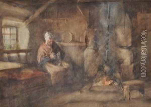 A Woman Knitting By A Fireplace Oil Painting - Henry Wright Kerr