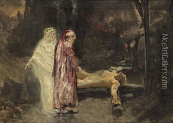 Virgen Maria Y San Juan Ante El Crucificado Oil Painting - Francisco Pradilla y Ortiz