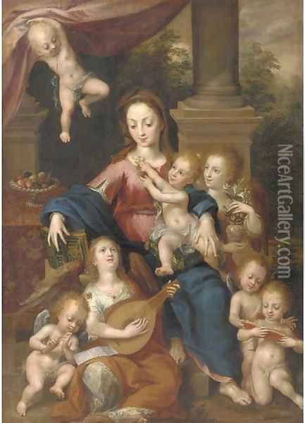 The Virgin and Child with Angels making music Oil Painting - Dirck de Quade Van Ravesteyn