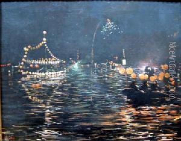 French Oil On Canvas Chinese 
Harbour At Night With Lanterns And Fireworks Signed 12.5 X 15.5in Oil Painting - Ferdinand Joseph Gueldry