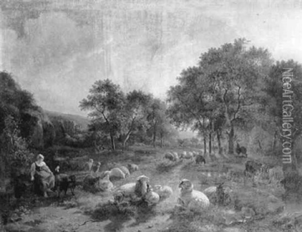 A Shepherdess And Flock In A Valley At Dusk Oil Painting - Balthasar Paul Ommeganck