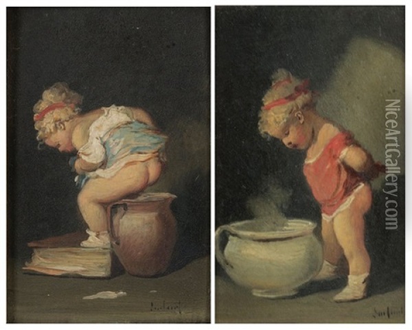Enfant Au Pot Ou Malice De Bebe (+ Another; 2 Works) Oil Painting - Francois-Louis Lanfant