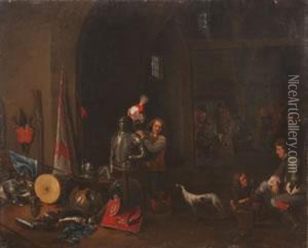 The Interior Of A Guardroom With Militiament And Boors Playing Cards Oil Painting - David The Younger Teniers
