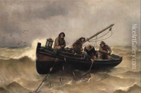 Pulling In The Catch Oil Painting - Georges Jean Marie Haquette
