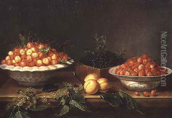 Still-life with fruit in porcelain dishes and a wooden box Oil Painting - Joseph Plepp