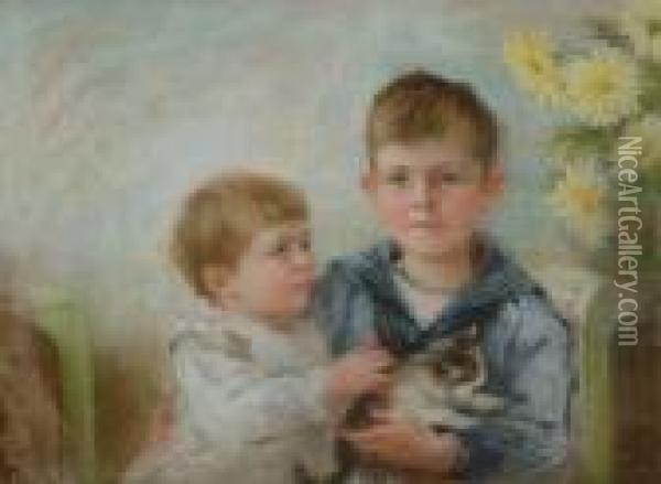 Boy And A Child With A Kitten Oil Painting - Anna Massey Lea Merritt