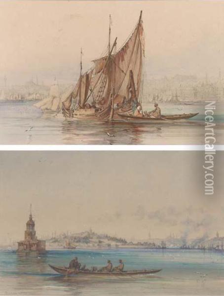 On The Golden Horn; And On The Bosphorus Before The Hagia Sophia (both Illustrated) Oil Painting - Amadeo Preziosi