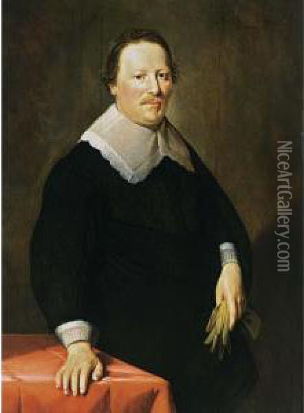 A Portrait Of A Gentleman, Aged 
47, Standing Half Length, Wearing A Black Costume With White Lace Cuufs 
And Collar, Holding Gloves In His Left Hand Oil Painting - Hendrick Bloemaert