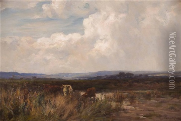 Highland Cattle Watering, Sunset Oil Painting - Joseph Milne