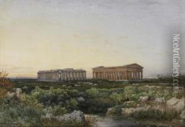 The Temple Ruins Of Paestum. Signed Lower Left: Julius Zielcke Paestum Oil Painting - Julius Zielke