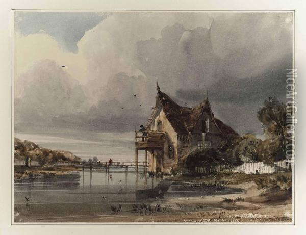 A Figure On A Balcony Overlooking A River Oil Painting - Thomas Shotter Boys