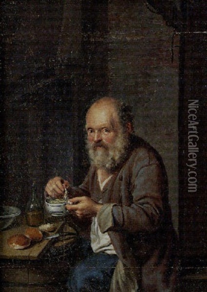 An Old Man Eating At A Table Oil Painting - Justus Juncker