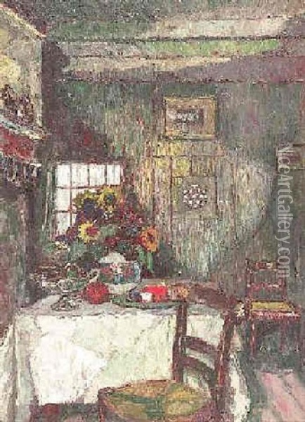 Interieur Mit Einem Sommerblumenstraus Auf Dem Tisch Oil Painting - August Von Brandis
