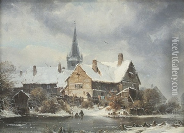 Verschneites Dorf An Einem Zugefrorenen Flus Oil Painting - Julius Karl von Leypold
